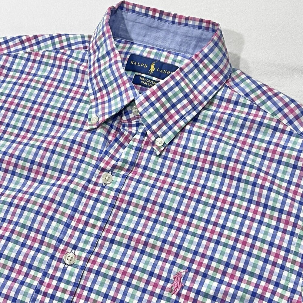 Ralph Lauren Men Multicolor Long‎ Sleeve Plaid Button Down Pink Pony Size Medium